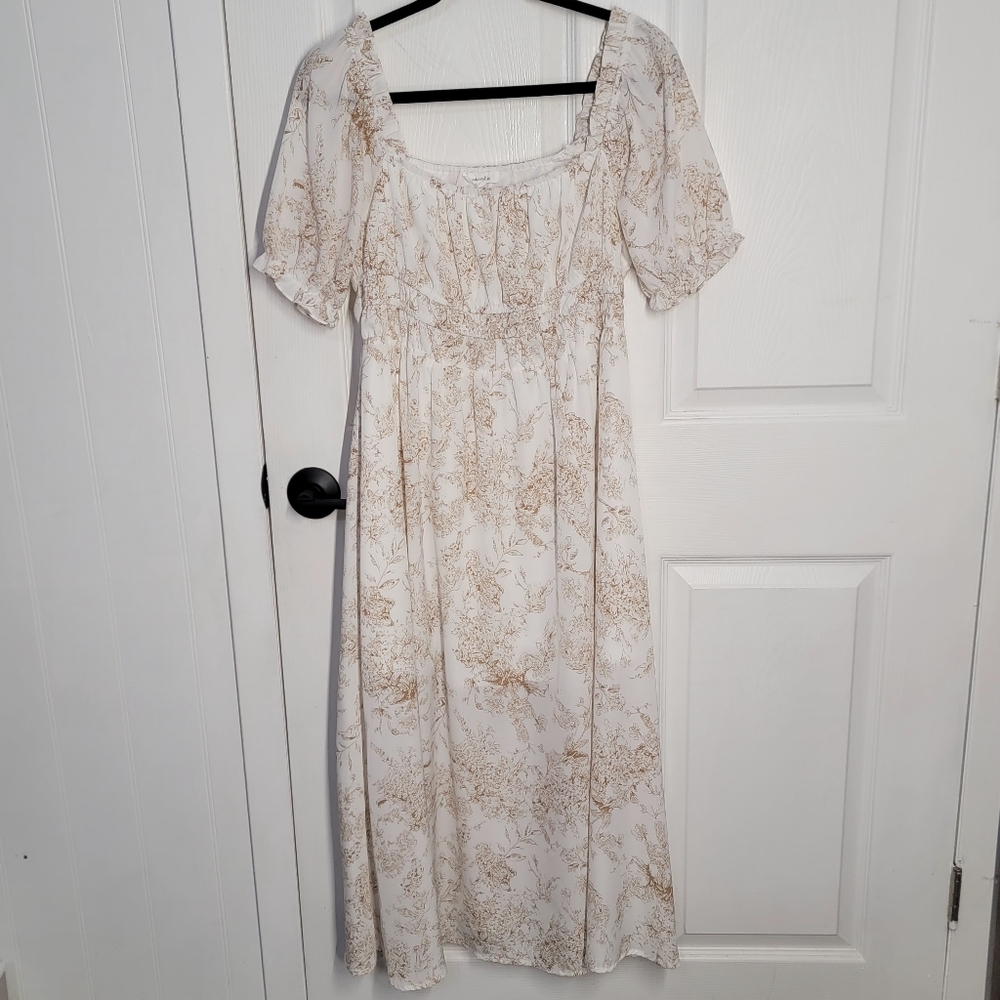 Amaryllis Floral Midi Puff Sleeve Dress
